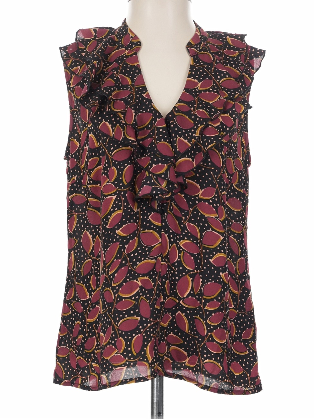 Cabi sleeveless blouse black background colorful leaf pattern ruffle neck sz M